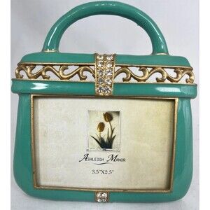 Vintage Ashleigh Manor Enamel Purse Picture Frame. 3.5” X 2.5” Green Gold EUC